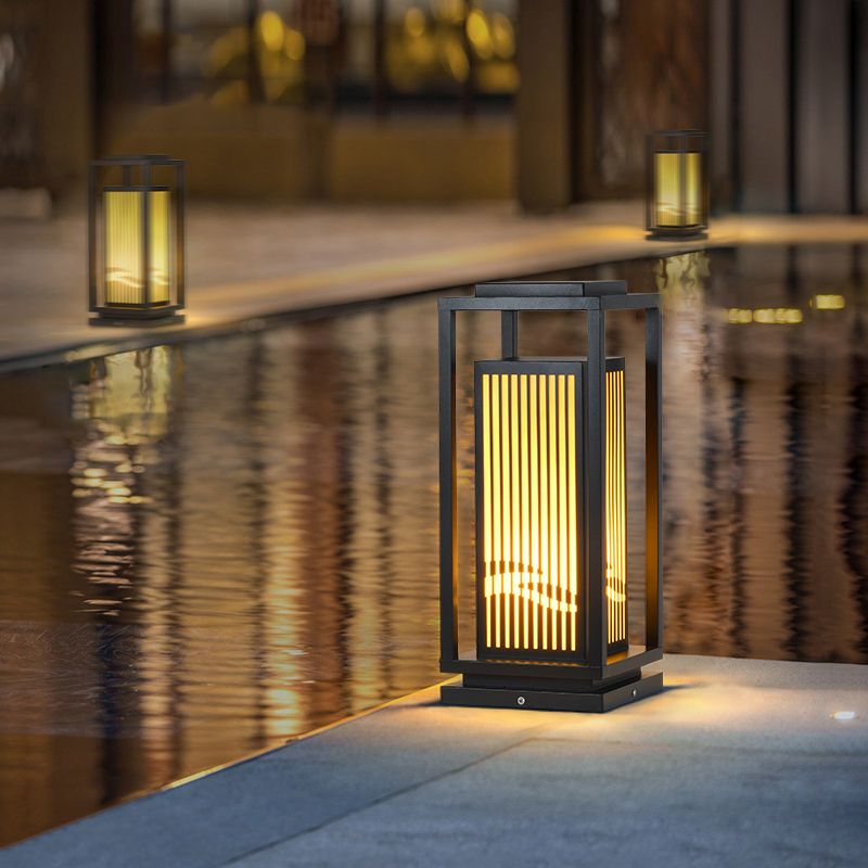 Rectangular Solar Pillar Lamp Modern Black Waterproof Light for Courtyard