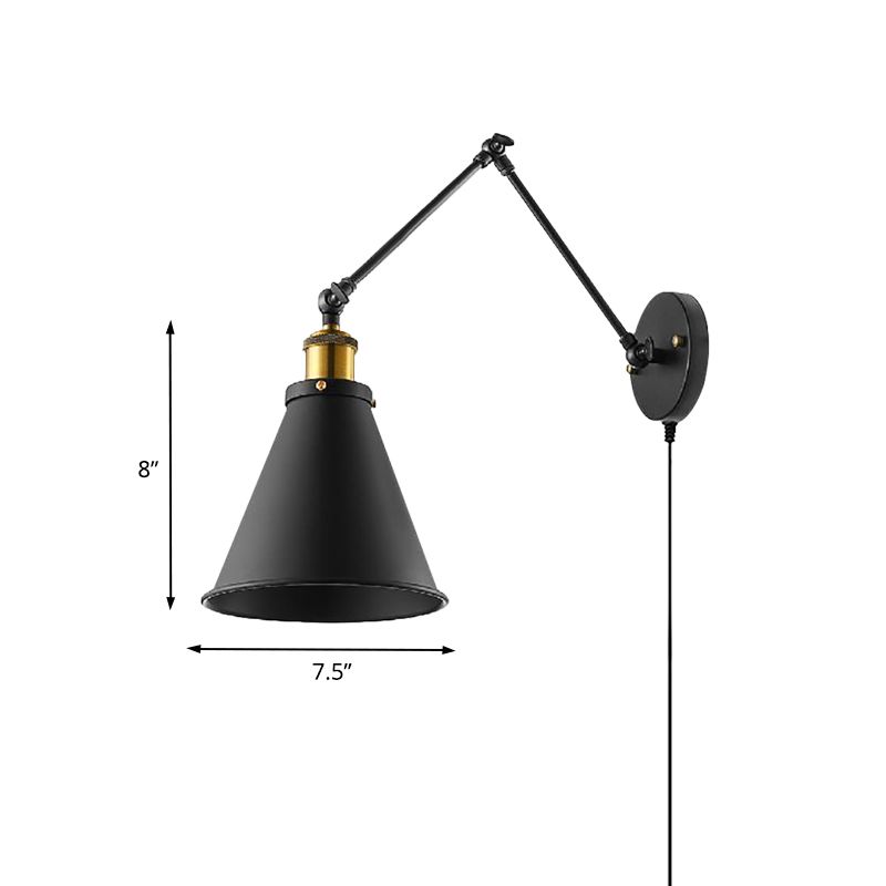 Sconcetto parete conico vintage 1 lampadina di applique in lampadina con braccio oscillante in nero per sala da pranzo