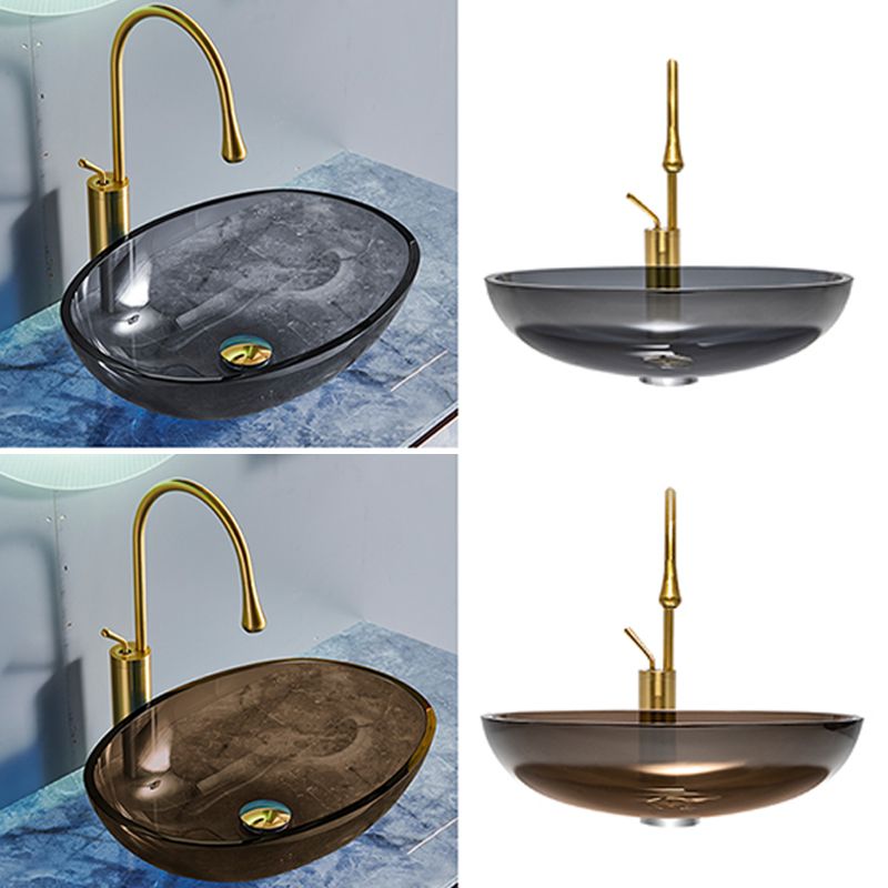 Modern Vessel Sink Oval Glass with Pop-Up Drain and Faucet Vessel Bathroom Sink