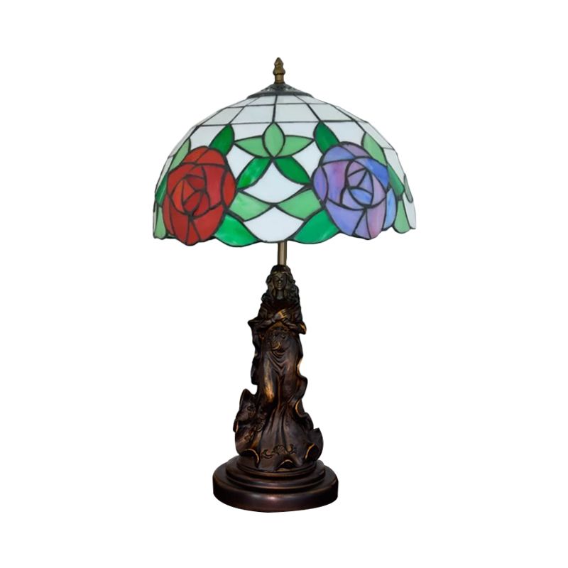 Lampada da comodino Beauty in bronzo Tiffany Lampada da tavolo in resina a 1 lampadina con paralume in vetro floreale rosa/viola