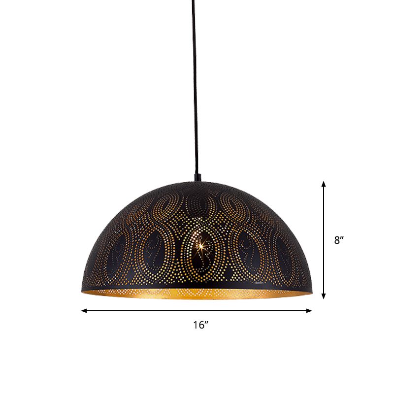 1-Light Dome Pendant Arab Style Black Metal Hanging Ceiling Lamp with Spot/Rhombus/Circle Pattern