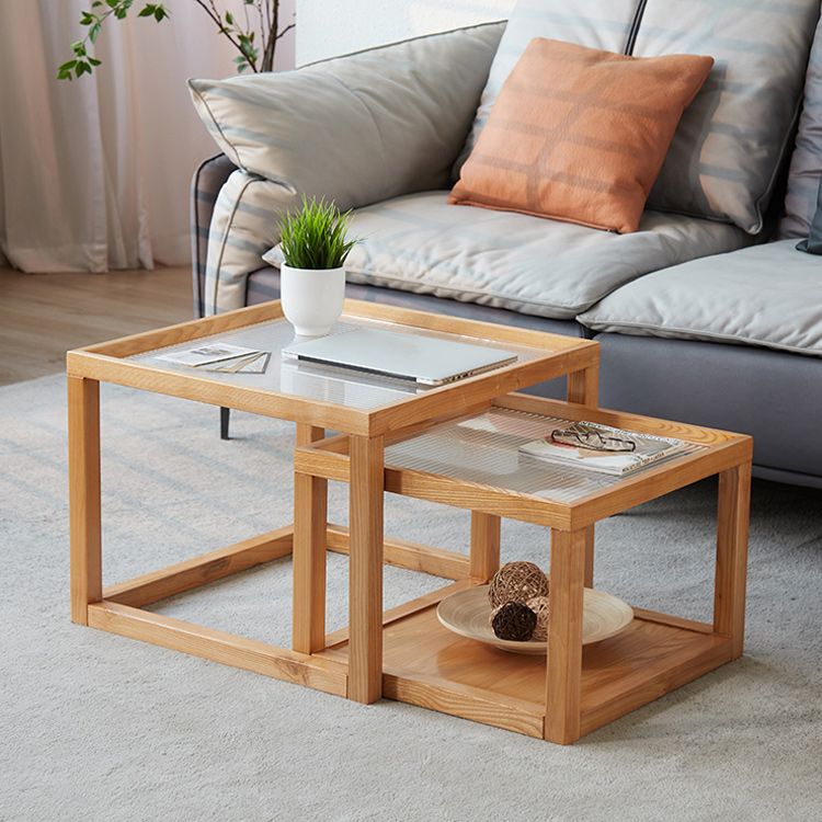 Modern Glass Top Coffee Table Square Natural Wood Cocktail Table