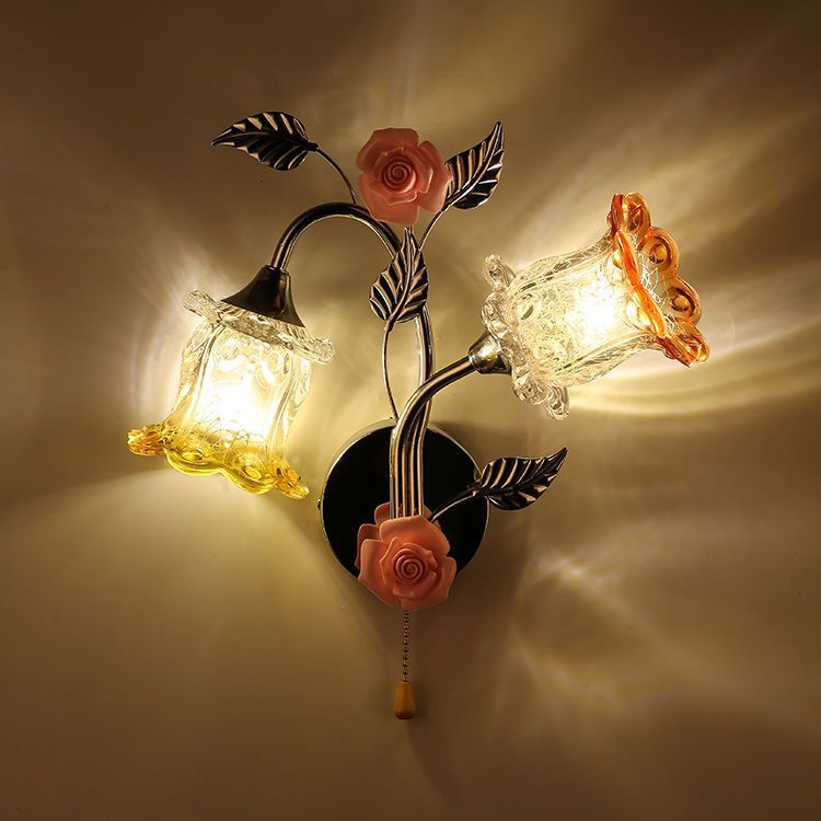 Modern Flower Flush Mount Wall Sconce 2-Light Bedroom Wall Sconce Lights with Grass Shade