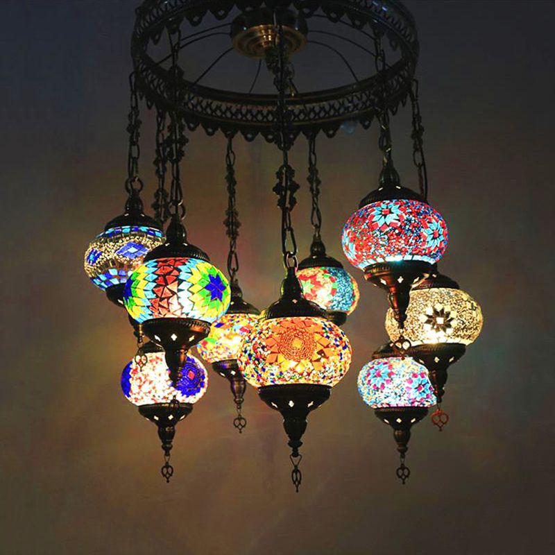 10-Light Oval Chandelier Lamp Bohemia Style Red/Yellow/Orange Stained Glass Down Lighting with Round Design