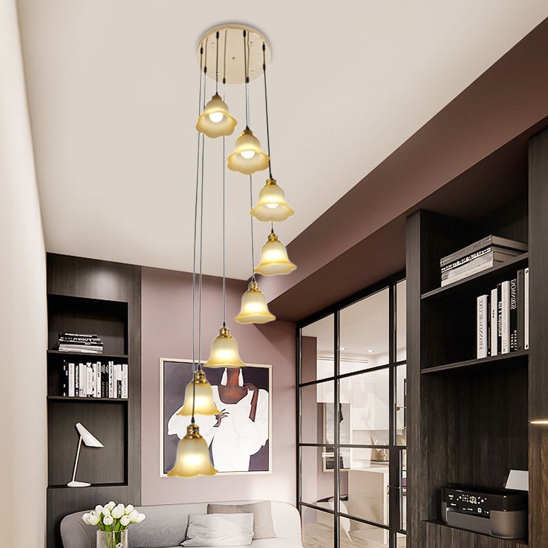 8 Heads Ceiling Lamp Contemporary Living Room Multi Light Pendant with Flower White Glass Shade