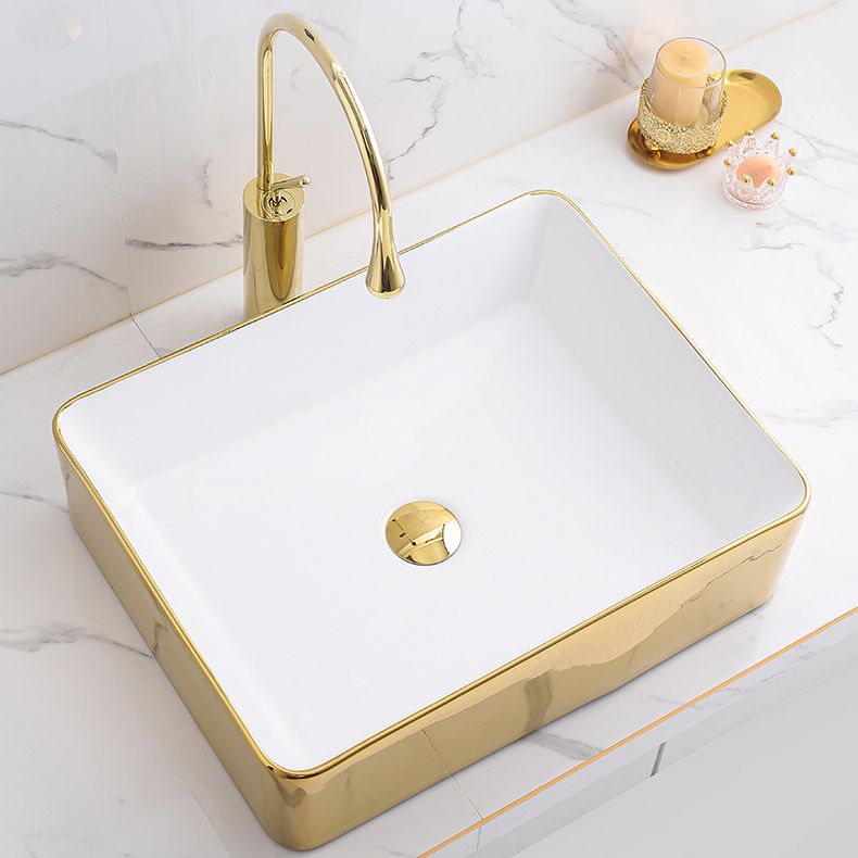 Gold Bathroom Sink Faucet Contemporary Vitreous China Vessel Sink with Pop-Up Drain