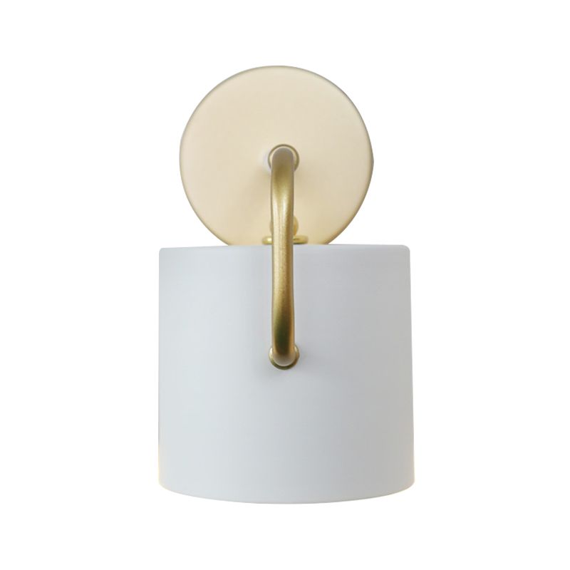Cylinder Wall Lamp Contemporary Metal 1 Bulb White Sconce Light Fixture with Curved Arm