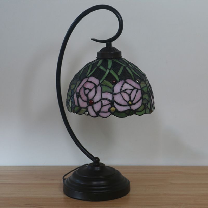 Dome Shape Cut Glass Table Lamp Tiffany 1-Bulb Black/White Finish Rose Patterned Night Lighting