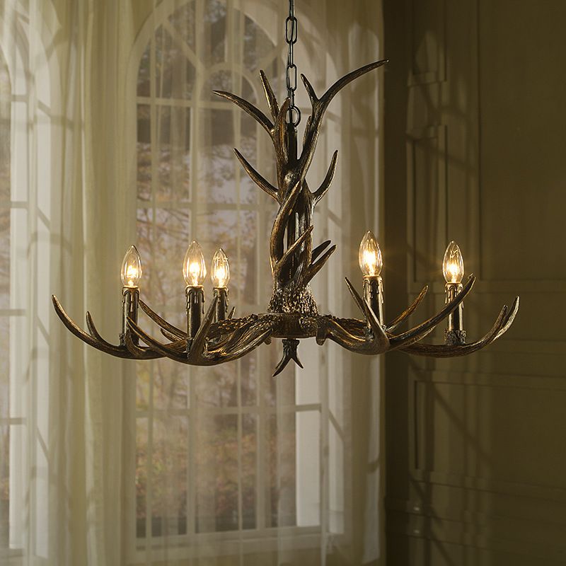 6/8/10-Light Chandelier Light Rustic Study Suspension Pendant with Resin Antler in Brass