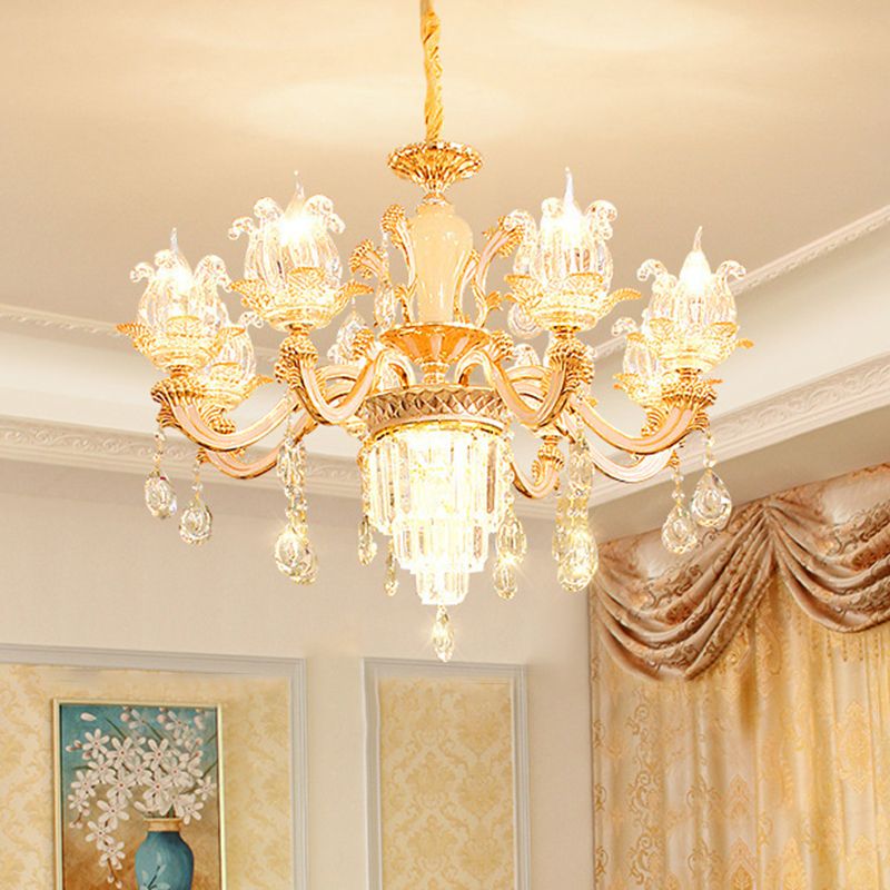 Handgeblasenes Glasblumenaufhängung Licht Retro -Retro -Stil -Kronleuchter Licht mit abgestufter Kristalldekor in Gold