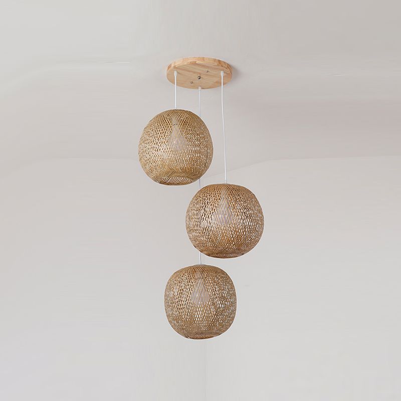 3 Lights Stairway Pendant Asian Style Multiple Hanging Light with Braided Bamboo Shade