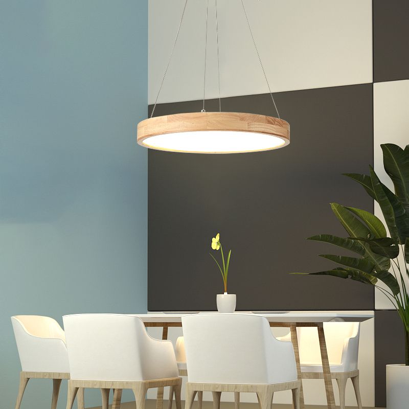 Round Wooden Hanging Lamp LED Pendant Light for Dining Room with Acrylic Shade