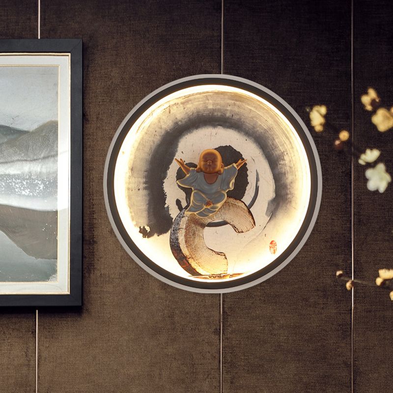 Asian Buddha Boy Mural Lamp Aluminum Bedroom LED Wall Mounted Lighting with Halo Ring in Black