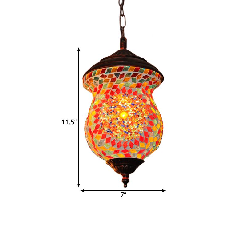 1 Head Urn Pendant Lamp Traditional Copper Stained Art Glass Hanging Light Fixture for Foyer