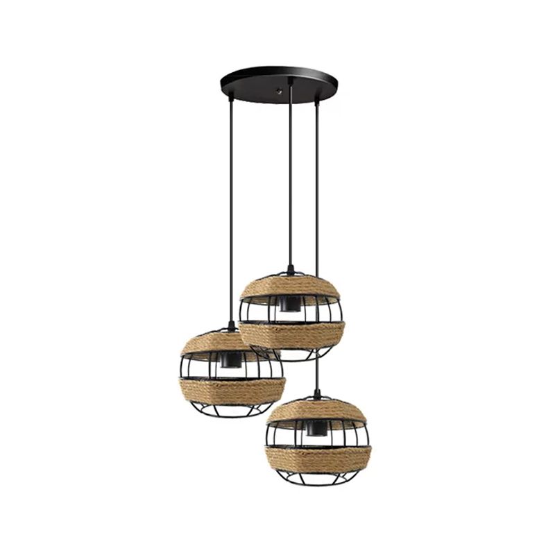 Spherical Jute Rope Multi-Pendant Countryside 3-Light Open Kitchen Ceiling Suspension Lamp in Brown, Round/Linear Canopy