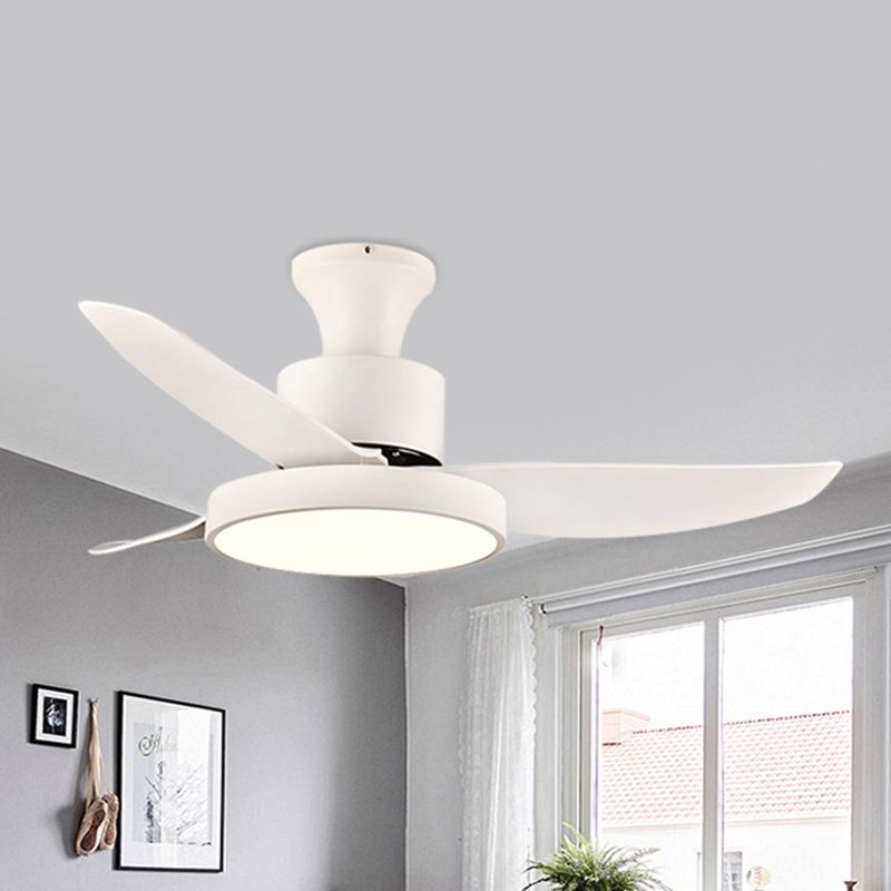 40" Wide White LED Hanging Fan Lighting Contemporary Metal Circle Semi Flush Mount Light Fixture for Bedroom, 3 Blades