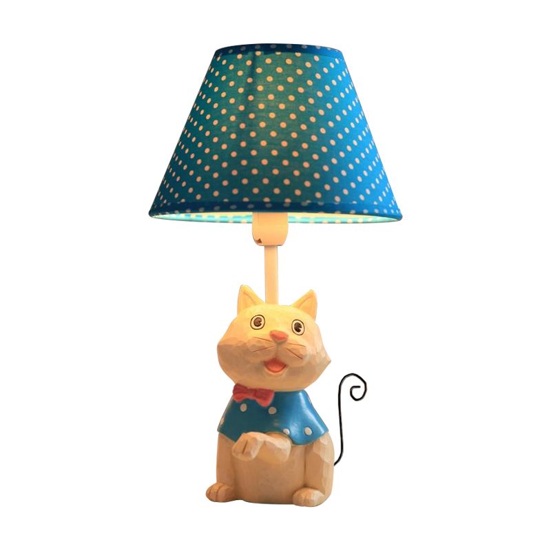 Pink/Blue Cone Reading Book Light Cartoon 1 Bulb Fabric Table Lamp with Spot Design and Cat Base
