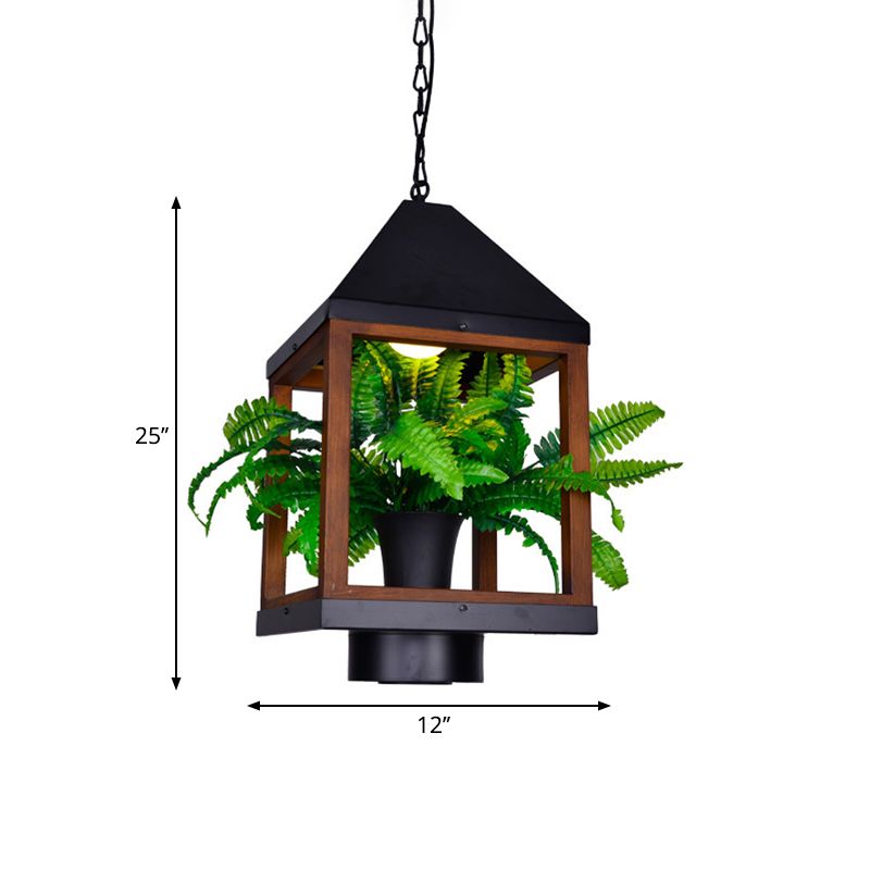 1 Bulb Pavilion Pendant Lamp Factory Black Metallic Hanging Light Fixture with Bonsai for Dining Room