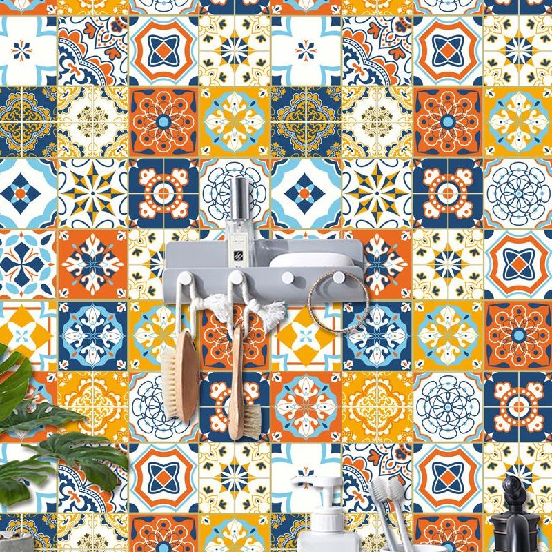 Boho Faux Tile Wallpaper Panel Set Orange-Blue Peel and Stick Wall Art for Bathroom