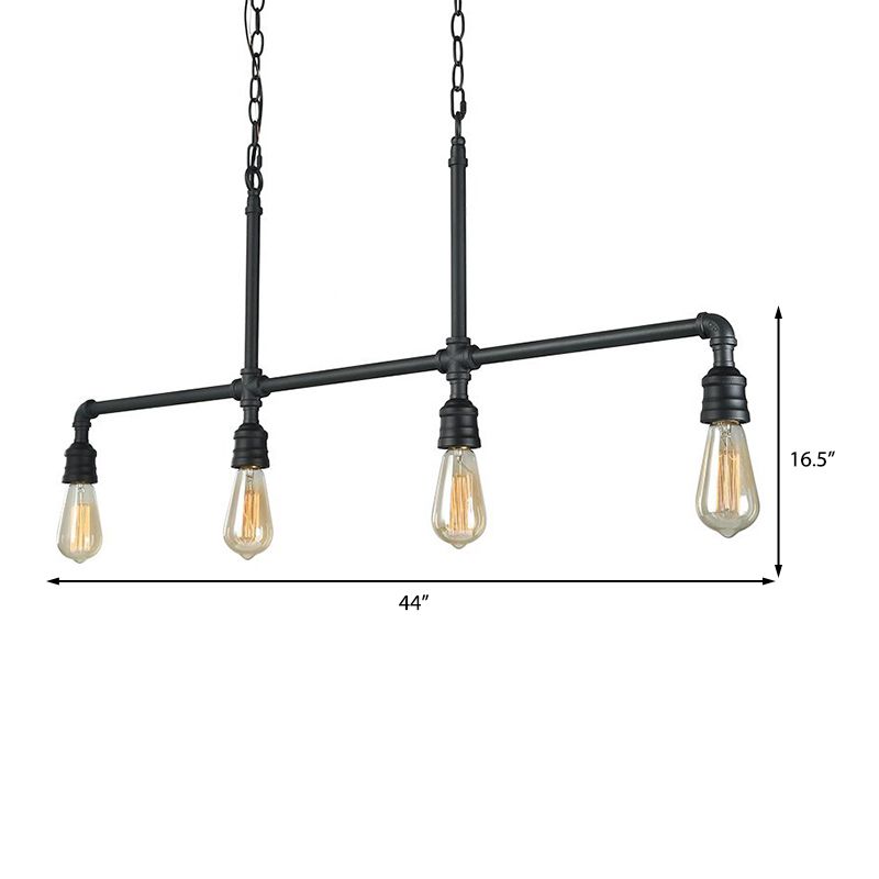 Black 4-Head Island Lighting Rustic Style Metal Linear Piped Hanging Lighting for Living Room