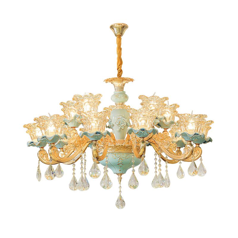 Ruffle Glass Flower Chandelier Pendant Light Vintage Living Room Hanging Light with Hanging Crystal in Blue
