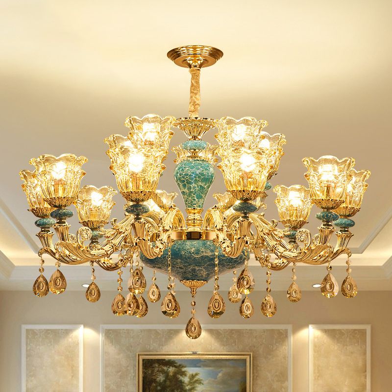 Flared Ruffle Glass Chandelier Pendant Light Vintage Living Room Hanging Light with Hanging Crystal in Gold