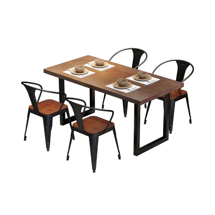 Industrial Style Solid Wood Dining Set with Fixed Table and Double Pedestal Base for Home Use