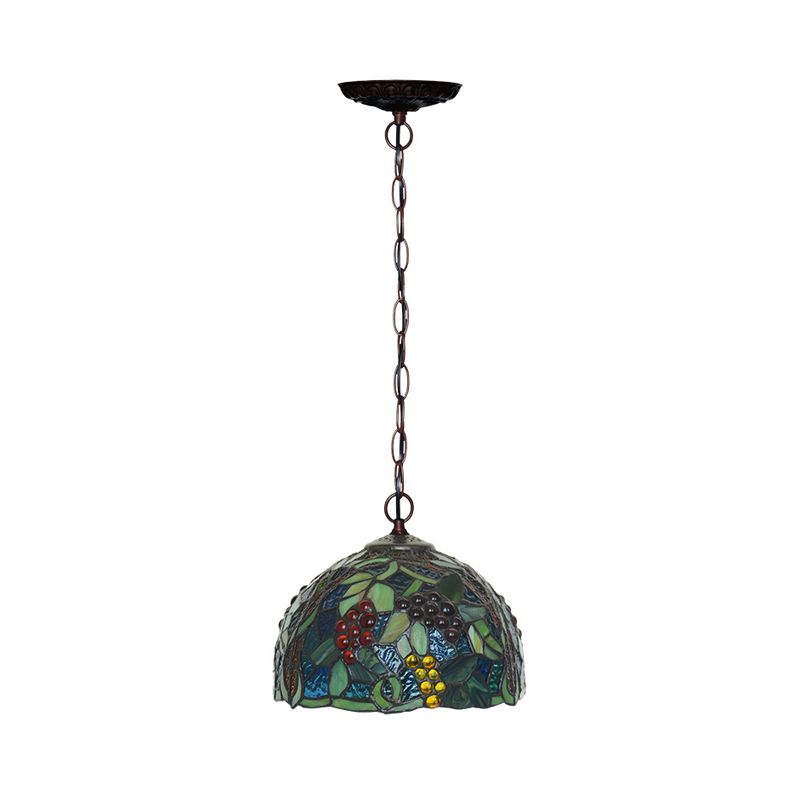8"/12" W Dome Green Stained Glass Hanging Light Mediterranean 1 Light Bronze Down Lighting Pendant