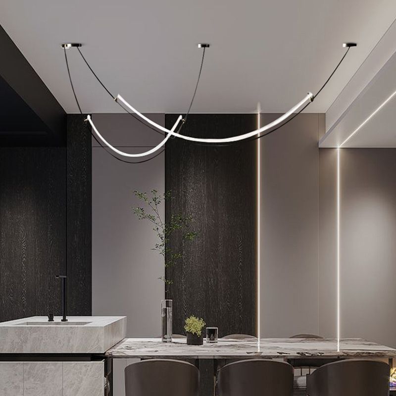Line Shape Hanging Lamp Modern Island Chandelier Lights in Black Finish