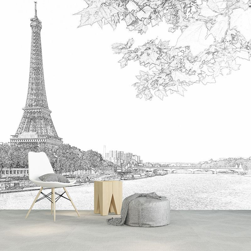 Modern Eiffel Tower Wallpaper Murals Black-White River Seine Scene Wall Art for Decoration