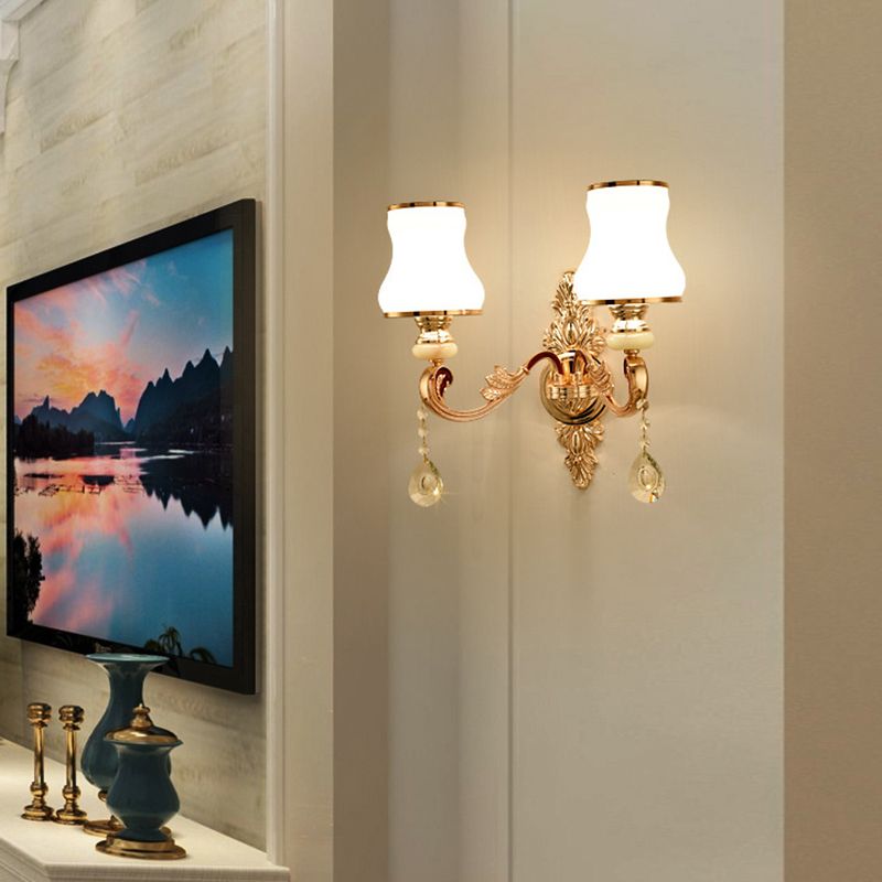 Gold Wall Mount Light Retro Glass Floral Shade Wall Lighting with Hanging Crystal