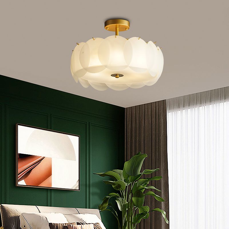 Gold Metal Semi Flush Lamp Modern Multi-Head Bedroom Ceiling Lighting with Glass Shade
