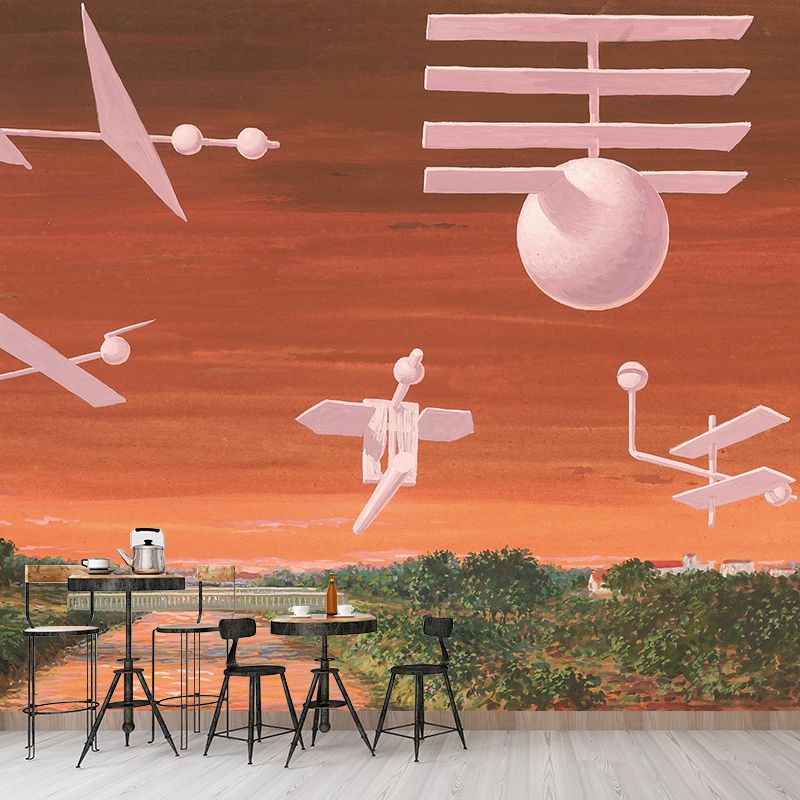 Orange-Green Flying Object Murals Moisture Resistant Surreal Bedroom Wall Decoration