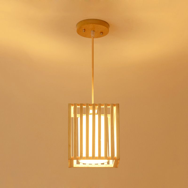 Square Cage Pendant Light Kit Modern Wooden 1 Light Beige Hanging Ceiling Light with Inner Fabric Shade