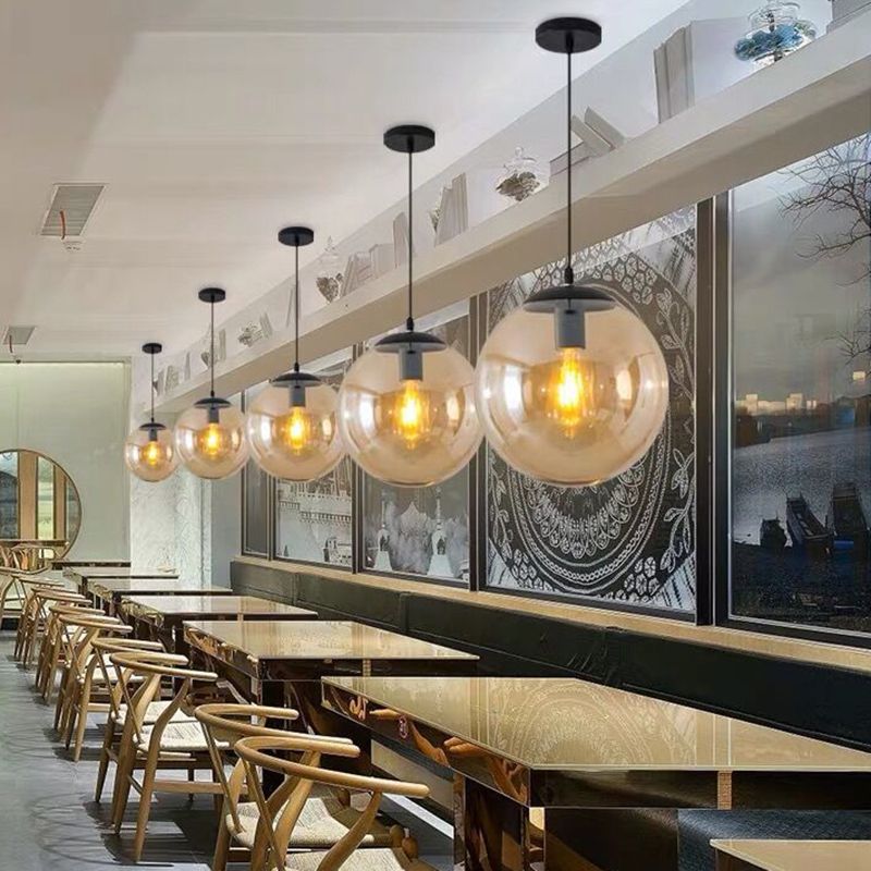 1 Light Round Hanging Ceiling Lights Industrial Style Glass Hanging Light Fixtures for Restaurant