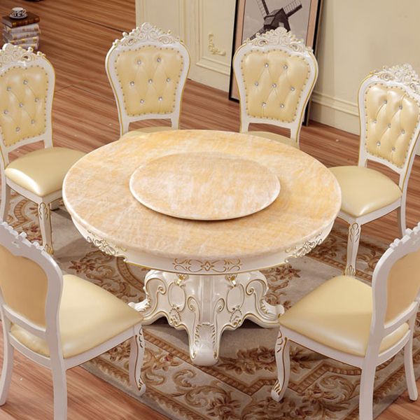 Solid Wood Victorian Round Dining Table Faux Marble Top Table with Pedestal
