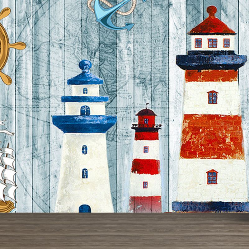 Nautical Lighthouse Mural Wallpaper Cartoon Non-Woven Cloth Wall Decor for Living Room