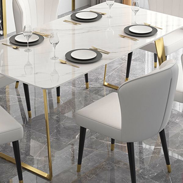 Traditional Luxury Rectangle Dining Table White Sintered Stone Table with Gold Double Pedestal