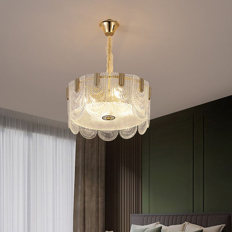 Round Pendant Ceiling Lamp Modern Clear Textured Glass Chandelier with Scalloped Edge