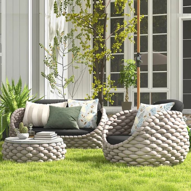 Tropical Patio Sofa Wicker/Rattan Gray Fabric Cushion UV Resistant Outdoor Patio Sofa