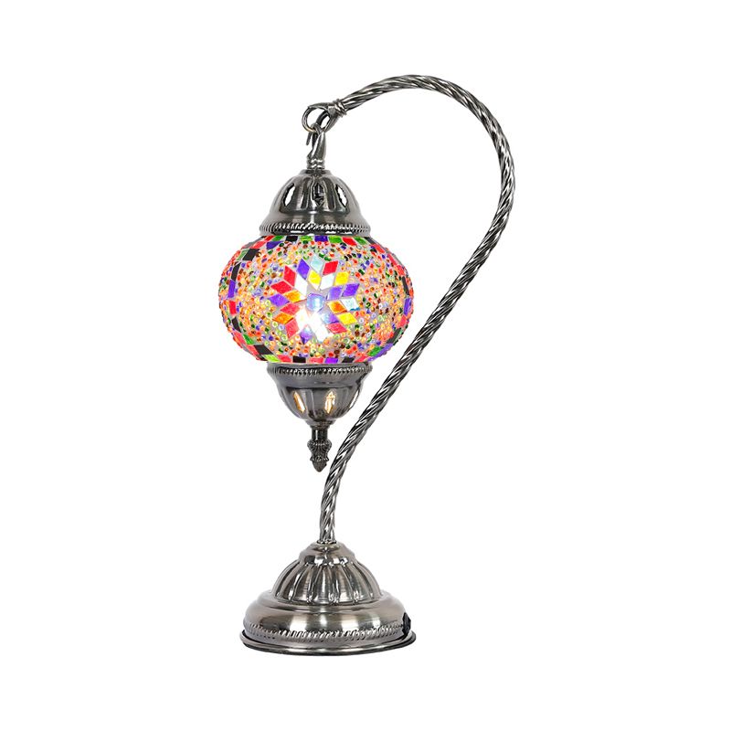1 Bulb Night Lamp Mediterranean Teardrop Shaped Purple/Yellow and Red/Red Brown Stained Glass Nightstand Light with Gooseneck Arm