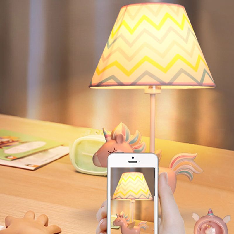 Tapered Print Fabric Table Lamp Cartoon 1 Bulb Nightstand Light with Unicorn Deco for Child Room