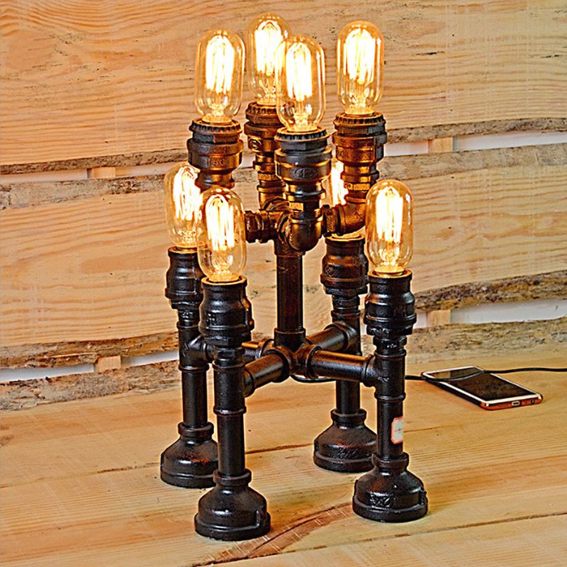 Steampunk Open Bulb Table Lamp Multi Light Metallic Table Lighting in Black for Restaurant, 8.5"/14" Width