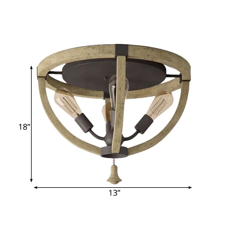 Wood Khaki Semi Mount Lighting Dome Frame 4-Bulb Warehouse Style Ceiling Flush Light