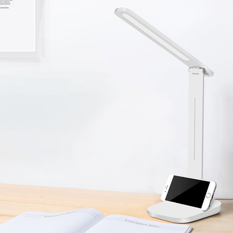 White Oblong Shade Adjustable Desk Lamp Modern Style Plastic Desk Light with Phone Holder