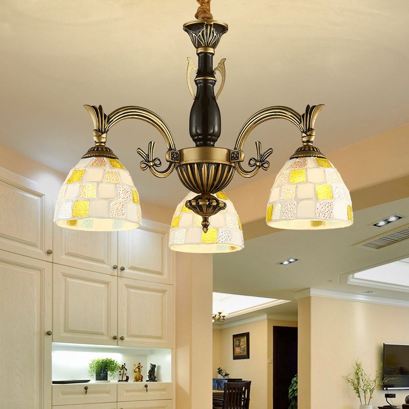 Shell Dome Suspension Lamp with Curved Arm 3 Lights Traditional Pendant Light for Foyer