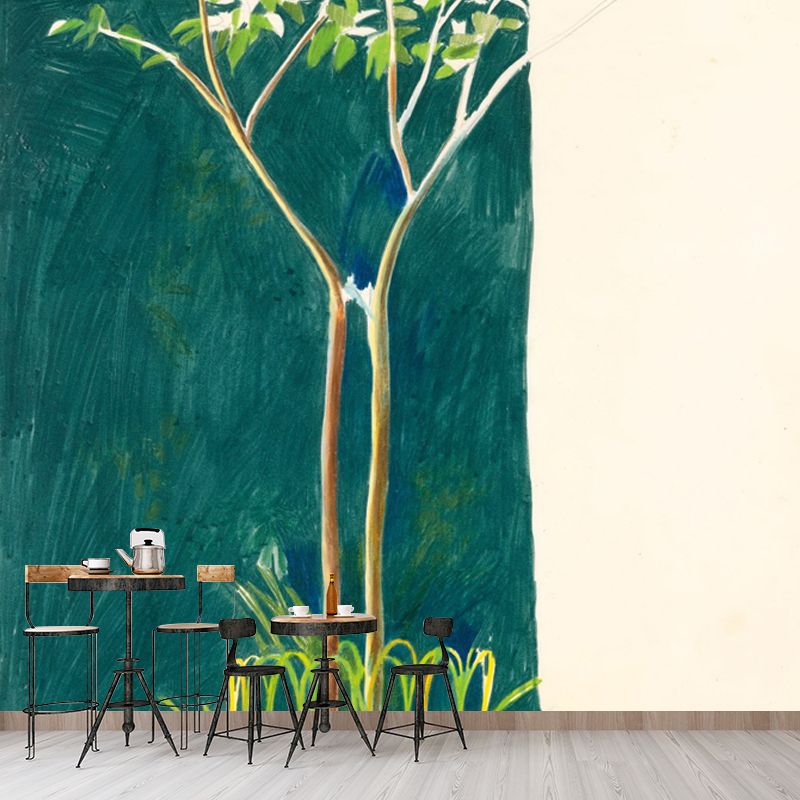 Blue-Green Small Tree Murals Wallpaper Waterproofing Wall Covering on Yellow for Bedroom