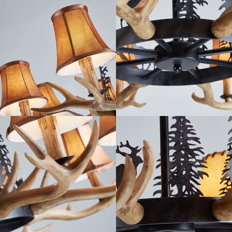 Coffee Paneled Bell Pendant Chandelier Rural Resin 8 Heads Dining Room Hanging Ceiling Light with Pine Tree Element