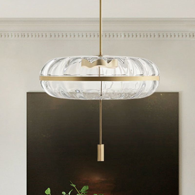 Clear Ribbed Glass Doughnut Pendant Post-Modern 1 Head Brass Hanging Light Fixture over Table