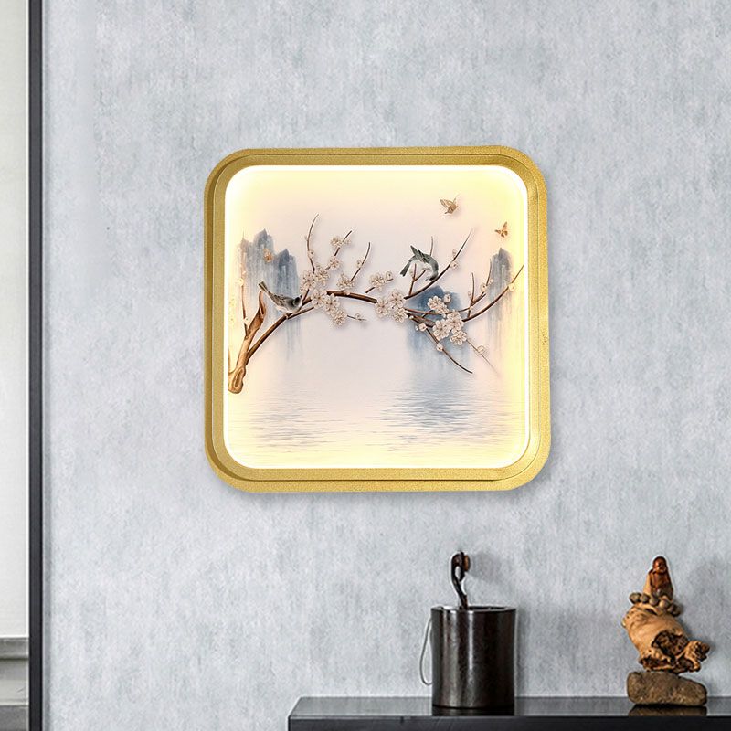 Asia LED Wall Mount Mural Light Gold/Khaki Lake and Flower Branch Painting Sconce Lighting with Fabric Shade